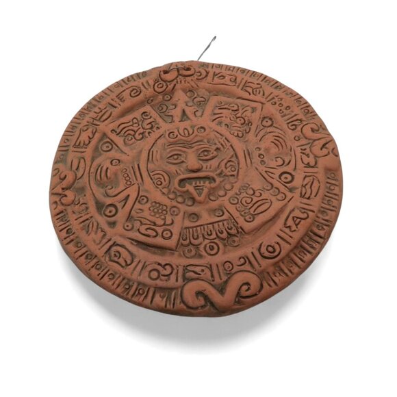 Mayan AZTEC Sun CALENDAR Wall Plaque in Clay Brown Terracotta Handmade - Picture 6 of 9